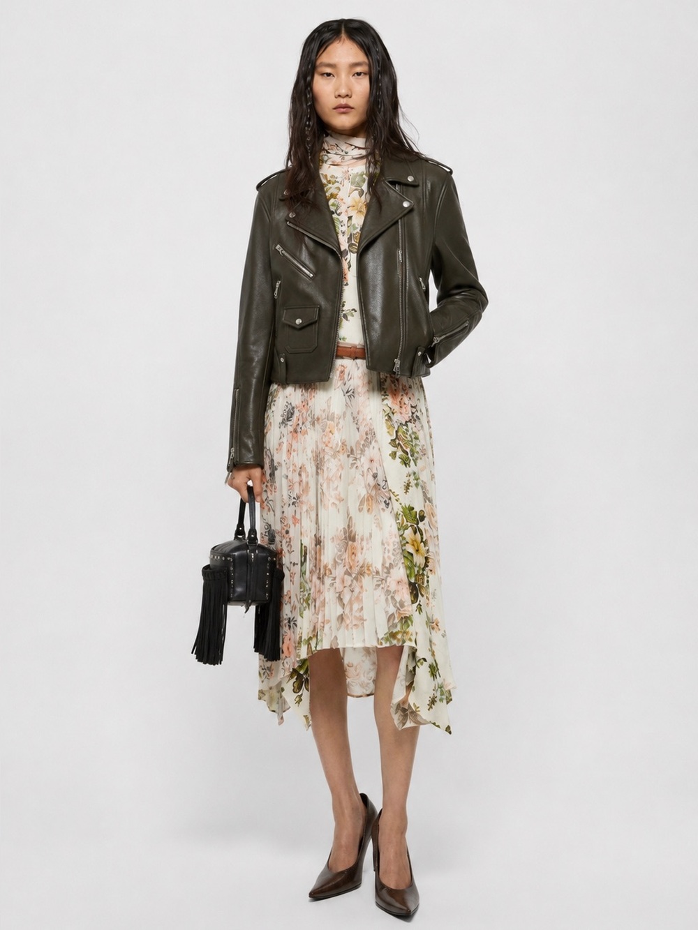Theory Dalayan Pebbled Leather Moto Jacket | Olive Khaki Cowhide | Boxy Biker